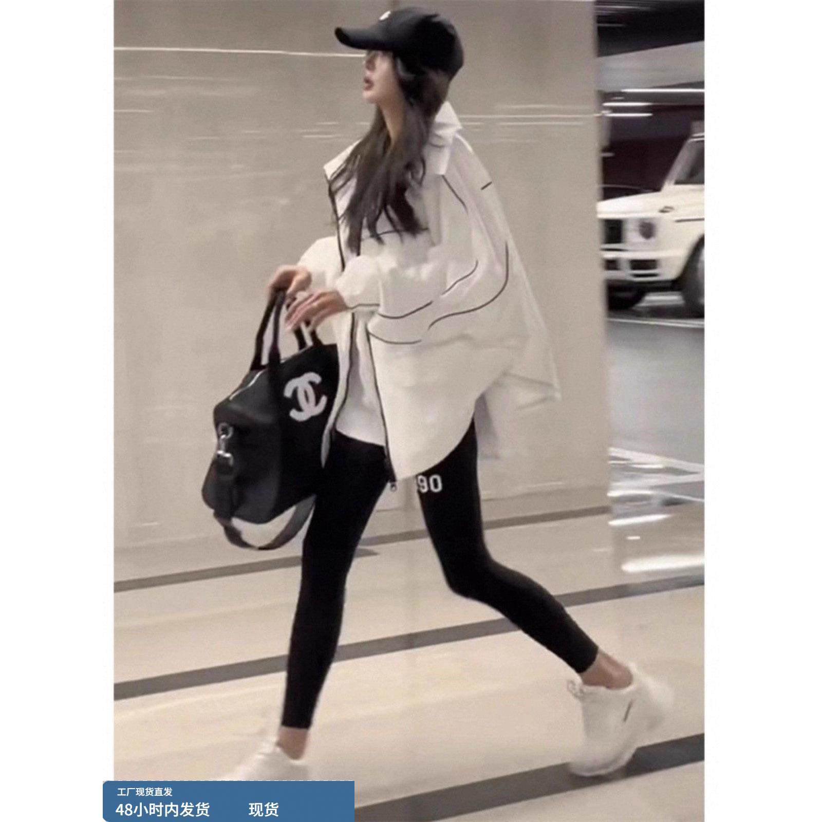 白色冲锋衣女春秋欧货中长款运动棒球服防风夹克拼接风衣连帽外套