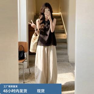 夏日巨好看穿搭亚麻套装女2026新款夏季休闲无袖上衣阔腿裤两件套