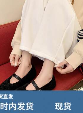 玛丽珍鞋女加绒加厚浅口棉鞋圆头羊羔毛毛鞋一字带单鞋大尺码41到