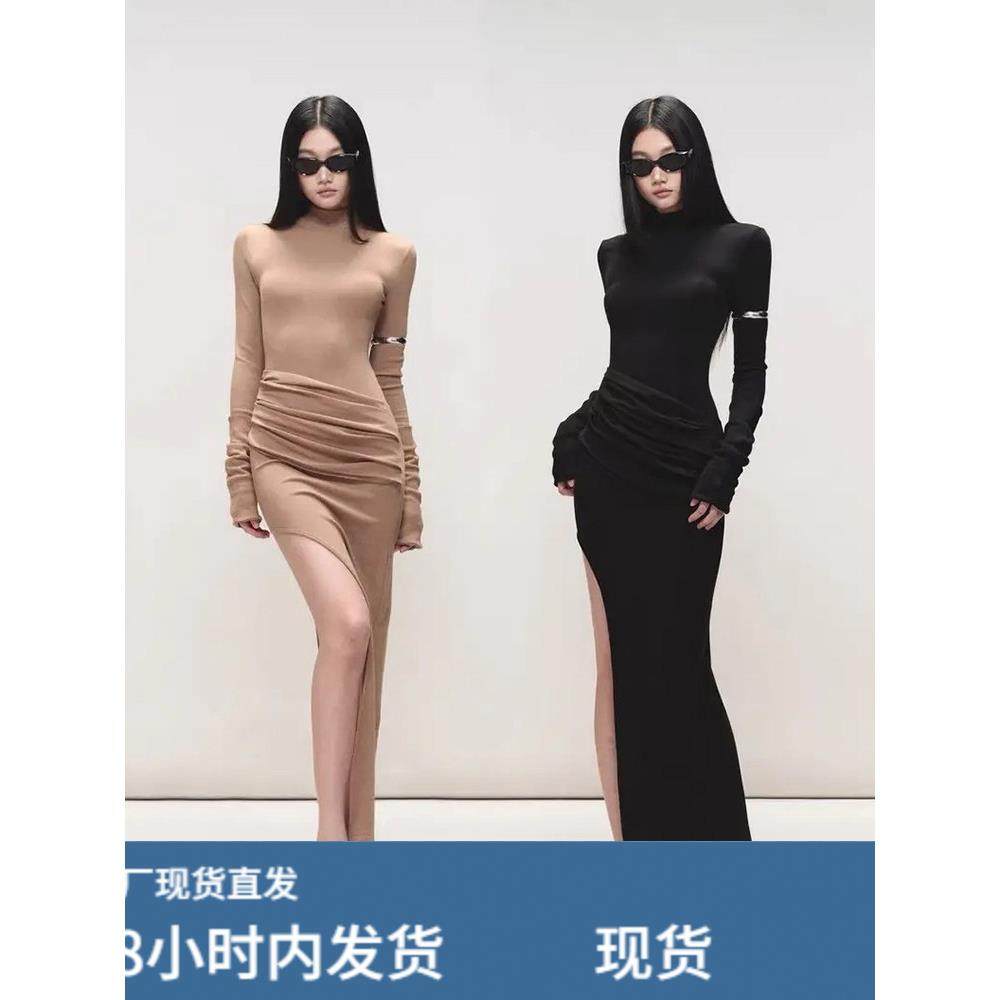 巨好看的早秋长袖高领针织连衣裙女不规则褶皱修身内搭包臀长裙子,运动/瑜伽/健身/球迷用品,瑜伽短裙,淘宝优惠券,粉丝福利购,淘宝优惠卷