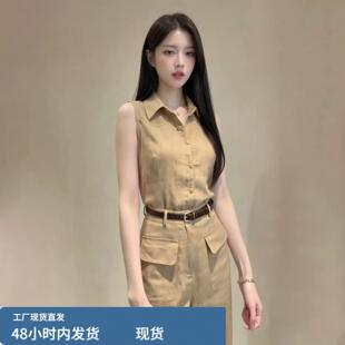 法式气质修身衬衫无袖上衣显瘦阔腿裤两件套女夏季高级感穿搭套装