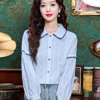 法式复古娃娃领蓝色衬衫女秋季2025新款宽松百搭长袖衬衣气质上衣