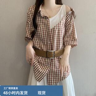 法式复古假两件拼接短袖格子衬衫女夏大码胖mm不规则收腰露肩上衣