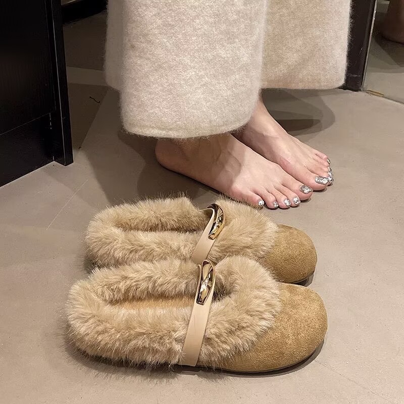 法式气质晚风平跟棉拖女加绒2025秋冬新款仙女毛毛外穿玛丽珍拖鞋