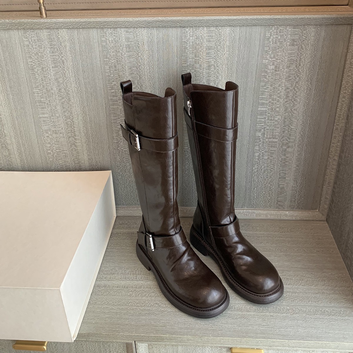 网红风冬季新款靴子长筒靴女不过膝两个版本中筒骑士靴厚底双扣带
