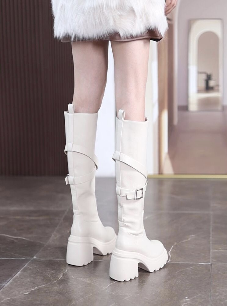 设计感前拉链美拉德厚底骑士长靴女2025新款粗跟交叉皮带扣高筒靴