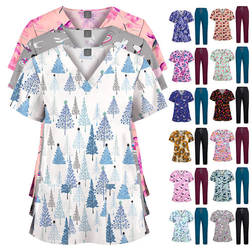 跨境新品弹力印花洗手衣纯色裤子