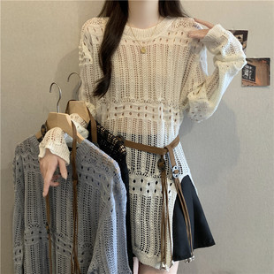 系腰带上衣 胖MM显瘦中长款 镂空罩衫 毛衣女外搭春夏新款