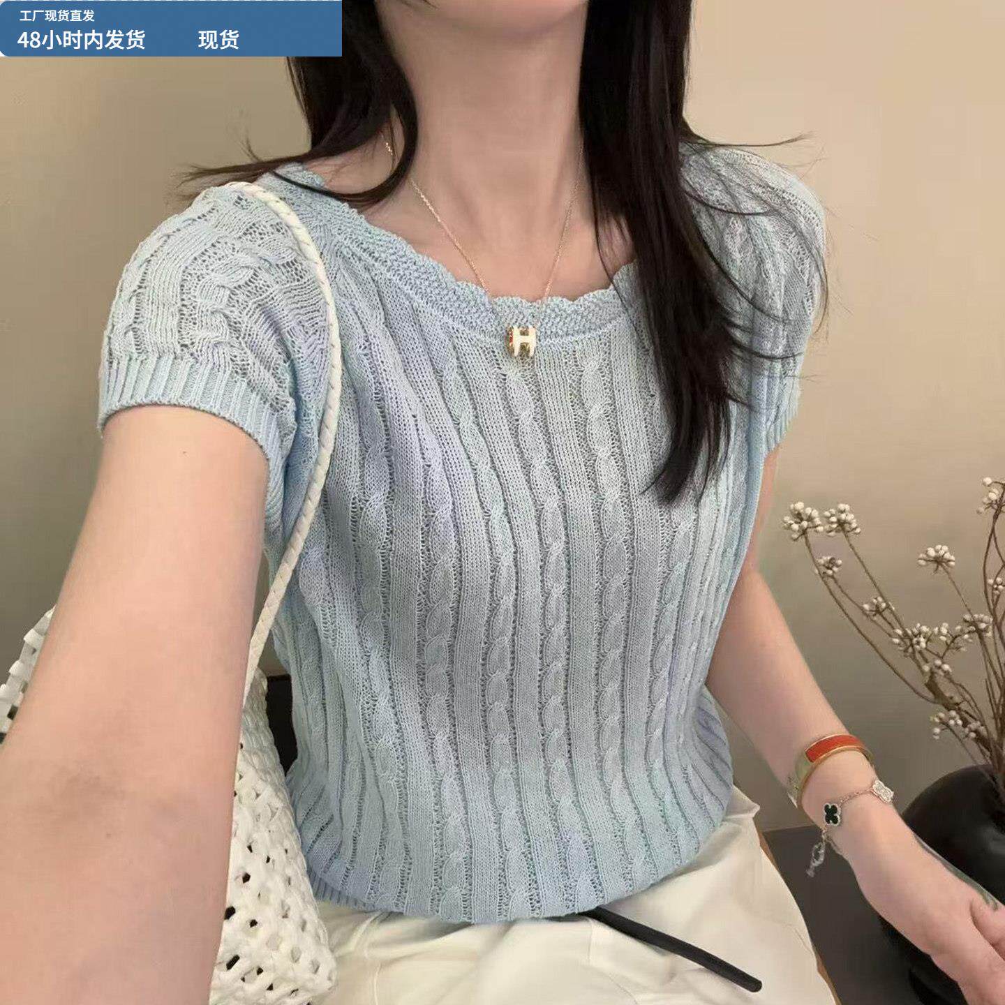夏季新款针织短袖t恤女宽松百搭圆领麻花纯色简约打底上衣半袖薄