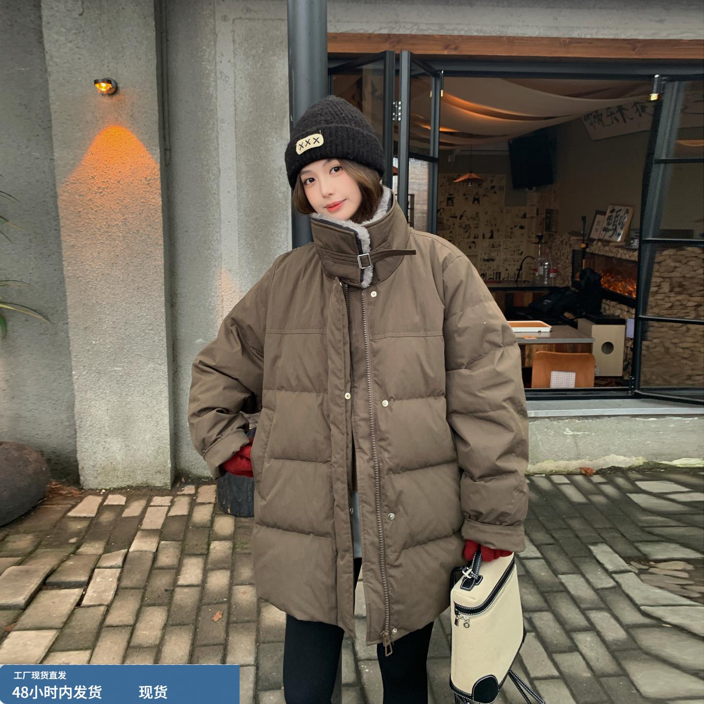 咖色复古翻毛领老钱风羽绒服女冬季2025新款90白鸭绒宽松保暖外套