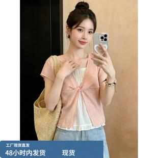 韩系蕾丝花边假两件1/4吋套筒扳手袖扭结衬衫女夏季新款设计感洋