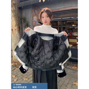 小香风黑白格子羽绒服女冬短款加厚保暖小个子气质名媛白鸭绒外套