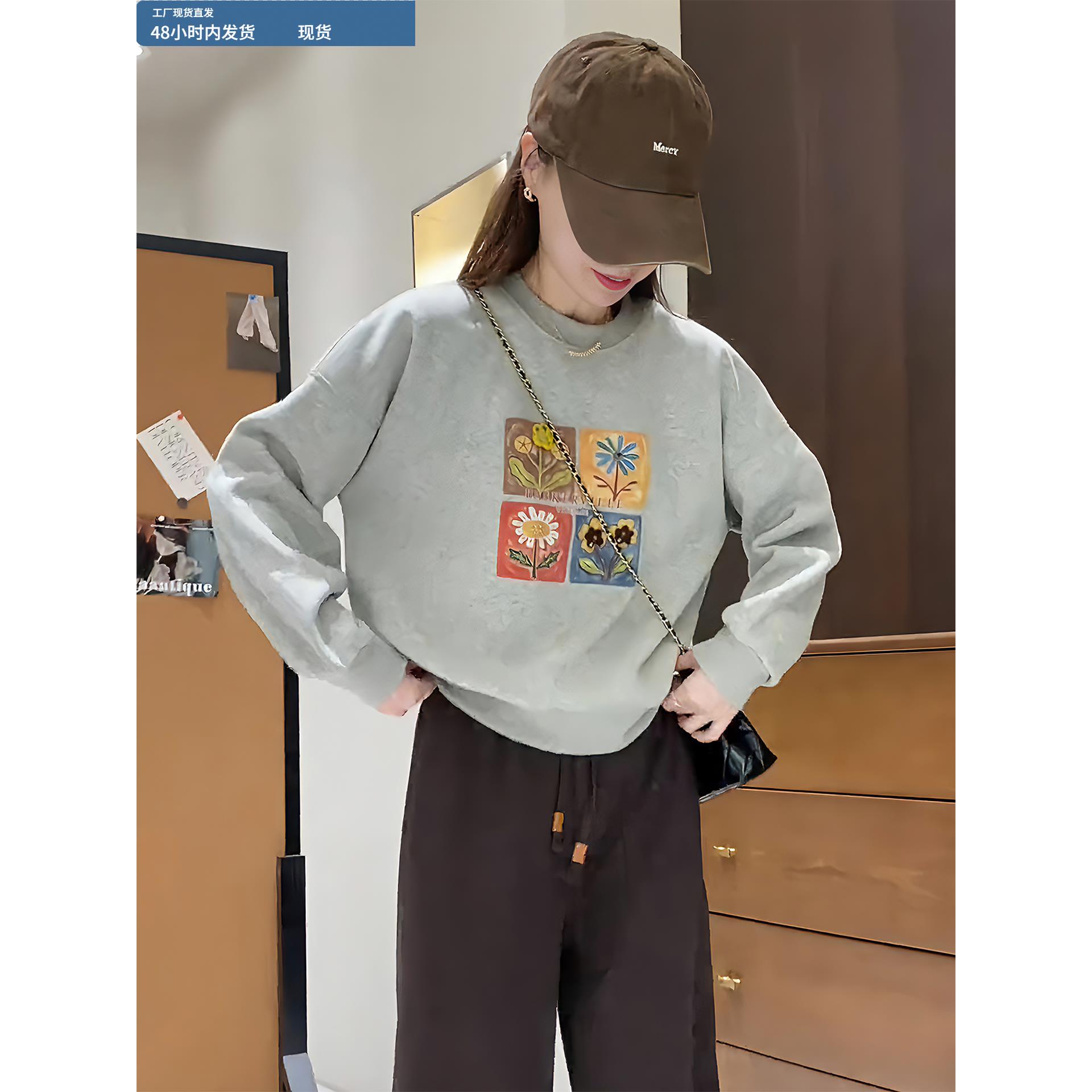 灰色圆领印花加厚加绒卫衣女款秋冬季2025新款爆款时尚洋气上衣女