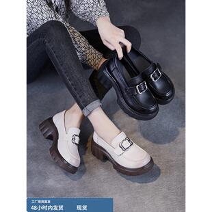 真皮乐福鞋女2025春季新款粗跟厚底小个子增高轻便软底不累脚单鞋