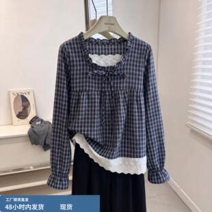 假两件木耳边格子长袖衬衫女秋季大码胖mm喇叭袖显瘦洋气减龄上衣