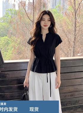 独特漂亮初夏一整套女韩系黑色绑带1/4吋套筒扳手袖衬衫白色宽裤