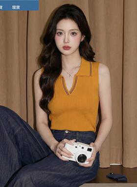 橙色polo领无袖吊带背心女夏多巴胺泰式独特绝美漂亮海边外穿上衣