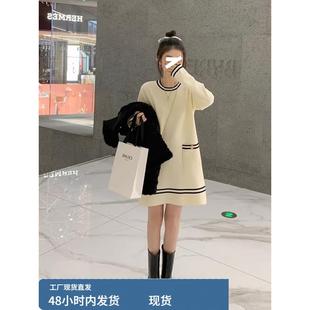 小香风针织长袖连衣裙女秋冬大码胖mm减龄巨显瘦中长款打底毛衣裙