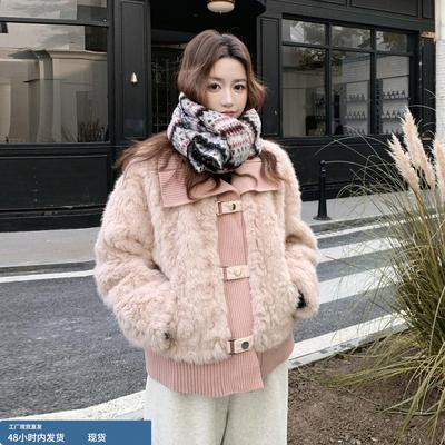 粉色甜美针织拼接羊羔毛外套女2025冬季新款韩版时尚保暖毛绒上衣