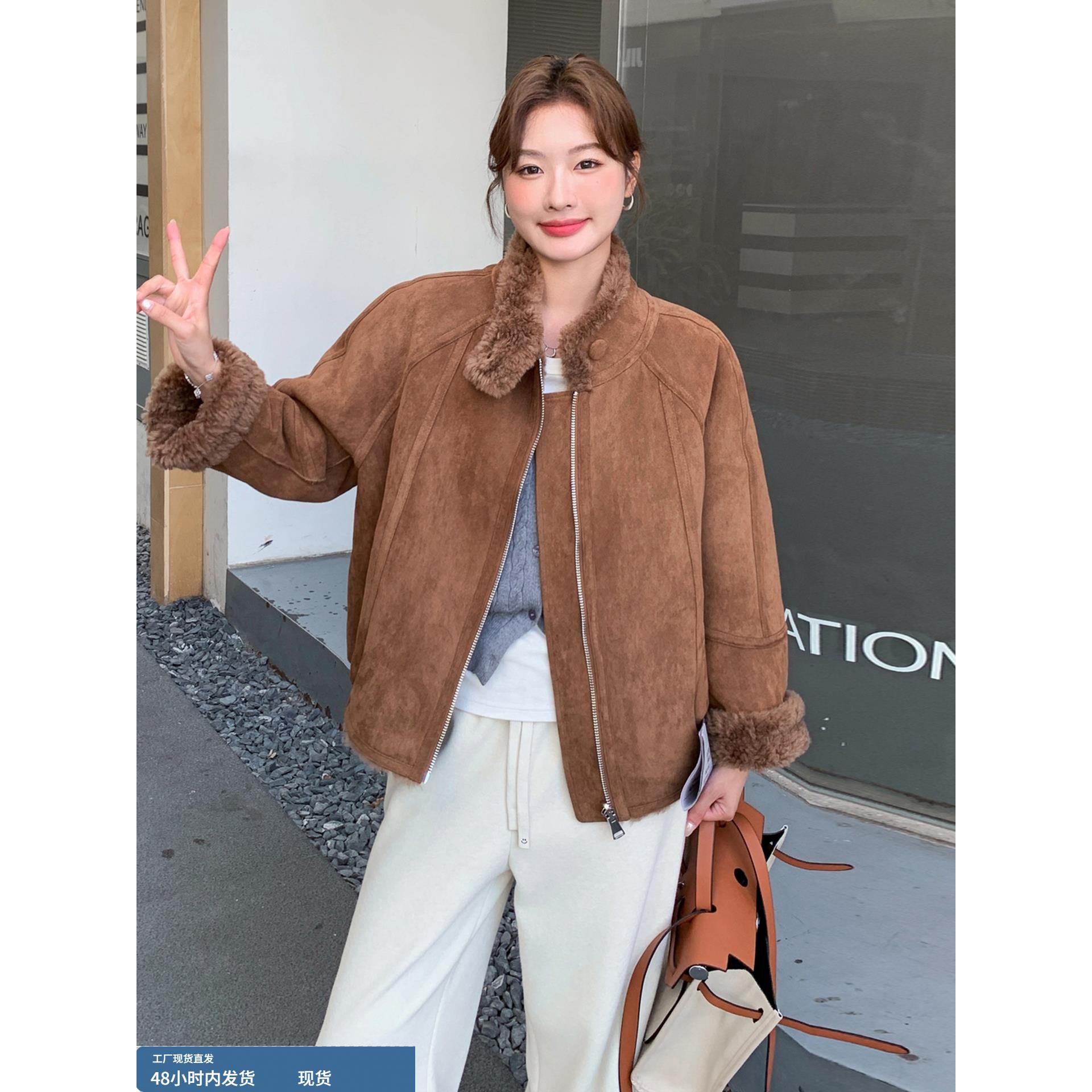韩版显瘦覆古休闲夹克女2025年冬季新款韩版时尚加厚皮毛一体外套