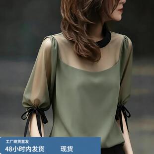 轻奢风绿色五分袖雪纺衬衫女夏季设计感蝴蝶结袖带高级感气质上衣