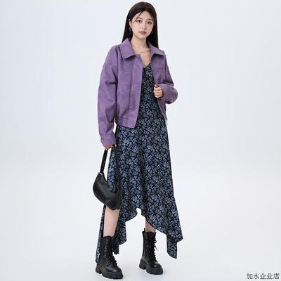 小香风套装女2025新款爆款美式紫色夹克外套吊带碎花连衣裙两件套
