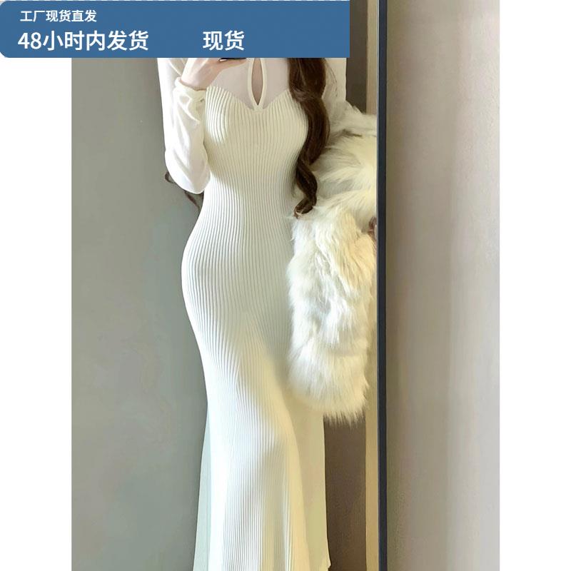 秋冬覆古小众设计感纯欲显瘦性感长裙鱼尾旗袍针织内搭连衣裙子女