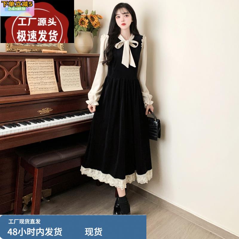 大码女装春季新款微胖显瘦法式赫本风蕾丝拼接金丝绒打底连衣裙子