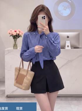 淑女风格纹系带衬衫女长