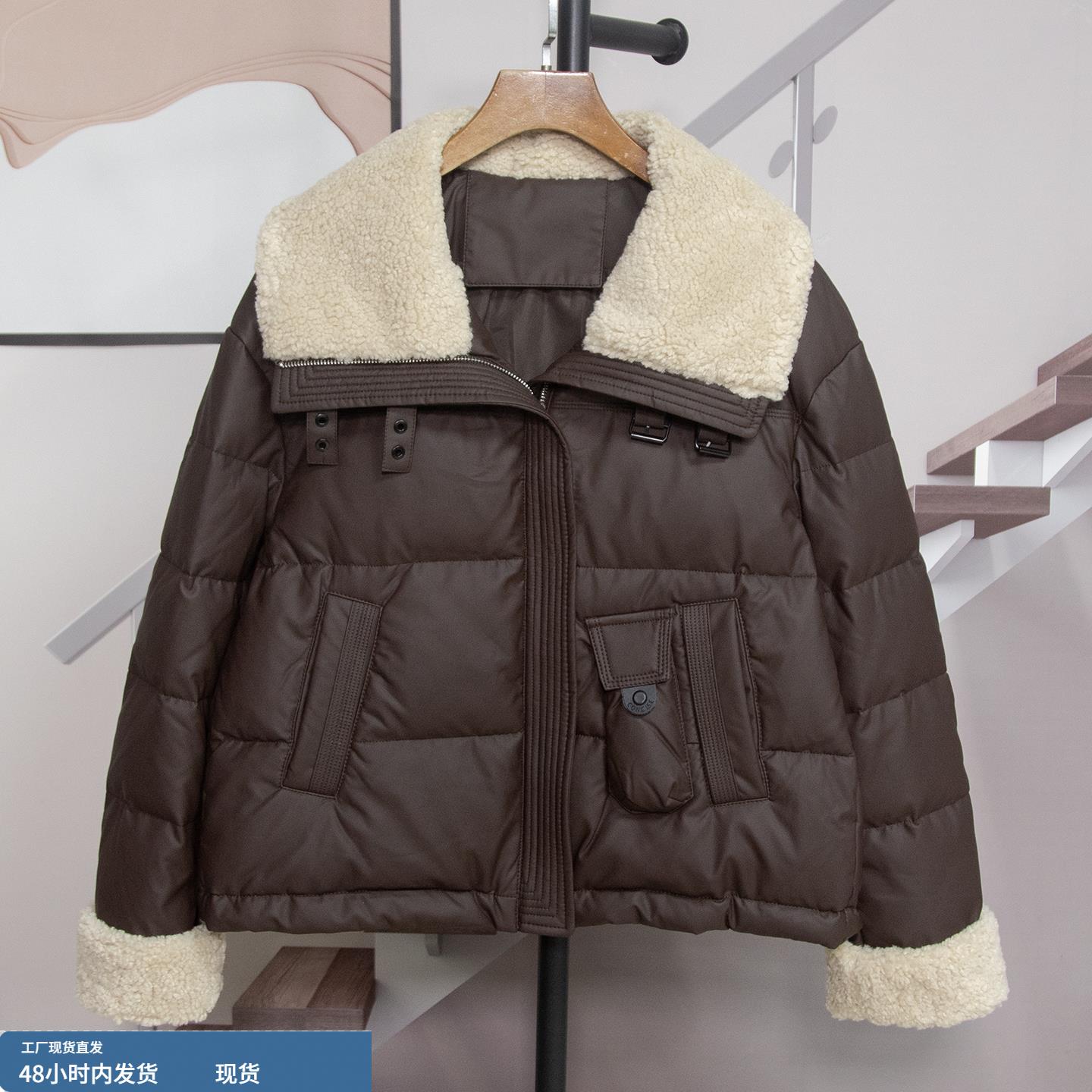 时尚复古羊羔毛领羽绒服女2025冬季新款翻领下摆抽绳外套上衣849