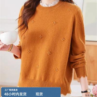 上衣女时尚洋气时髦轻奢高级感2025秋爆款蕾丝花边针织衫红色毛衣