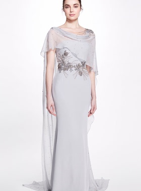 marchesa 烟灰色优雅修身遮肉显瘦时尚高档妈妈装年会宴会晚礼服