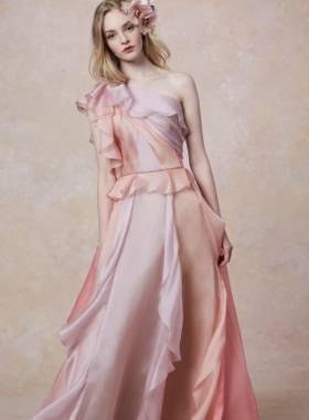 marchesa 单肩粉紫色甜美生日聚会年会订婚晚礼服新娘结婚敬酒服
