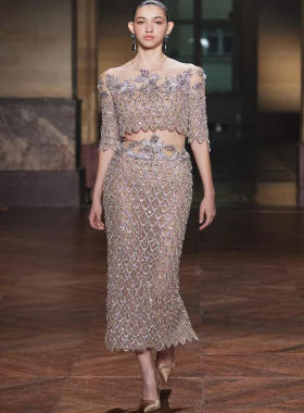 Georges Hobeika 银灰色分体两件套小腿长度珠钻生日订婚小礼服