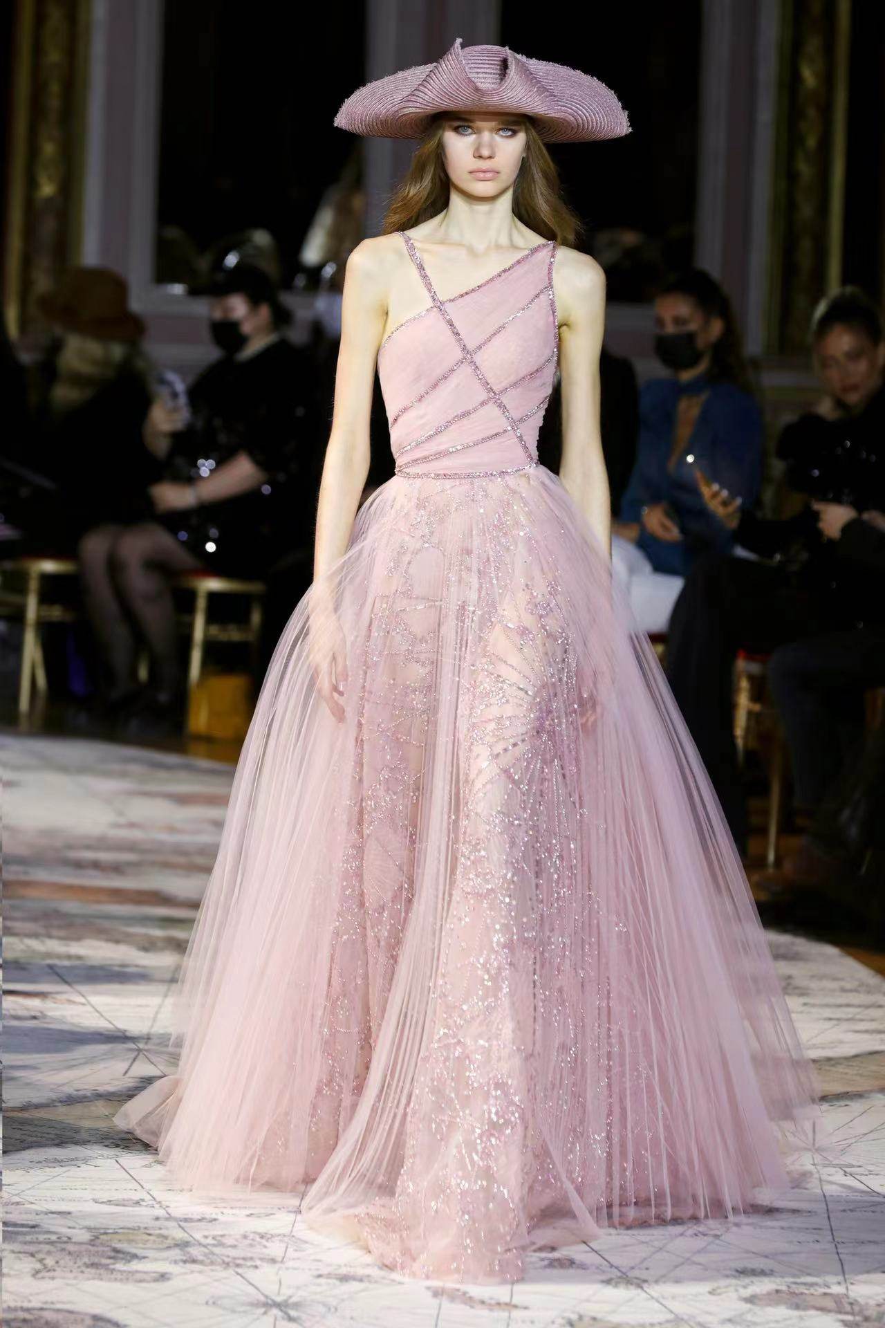 zuhair murad 紫粉色单肩钉珠甜美生日派对订婚晚礼服新娘敬酒服