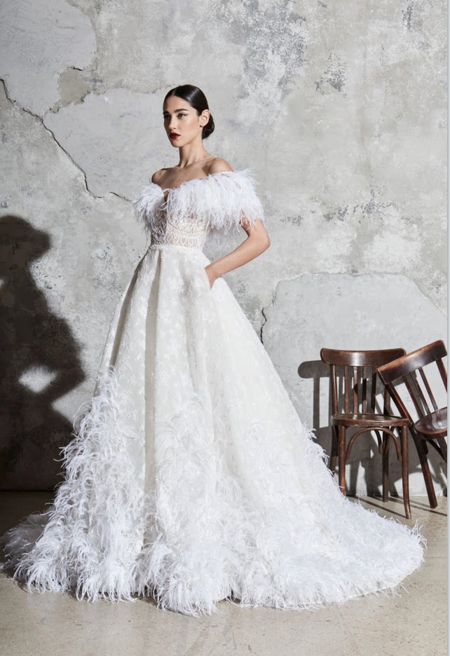 zuhair murad 一字肩羽毛刺绣蕾丝钉珠冬款新娘高端婚纱定做2024