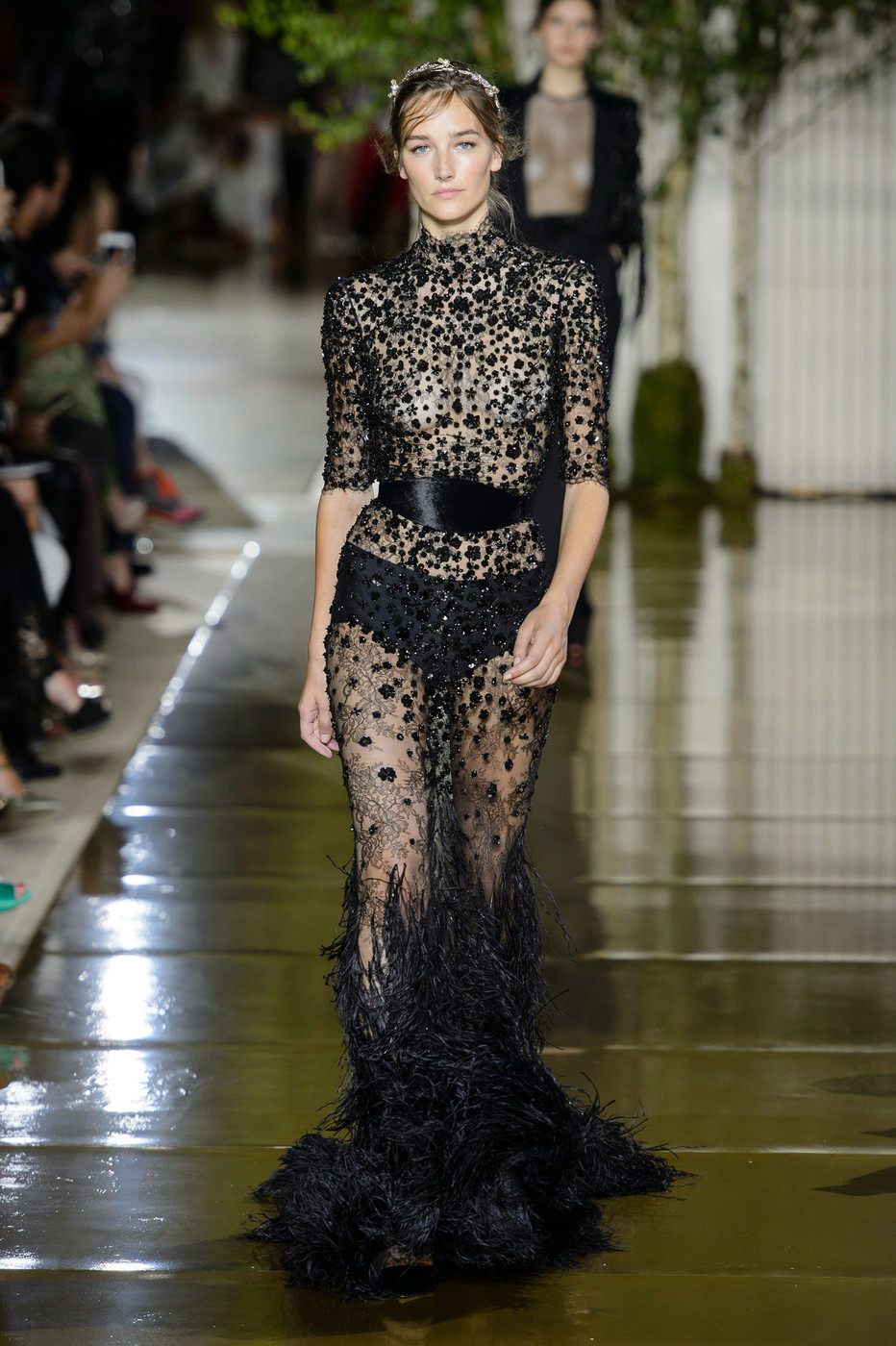 15年老店 Zuhair Murad 黑色中袖晚礼服透视露背性感修身鱼尾走秀