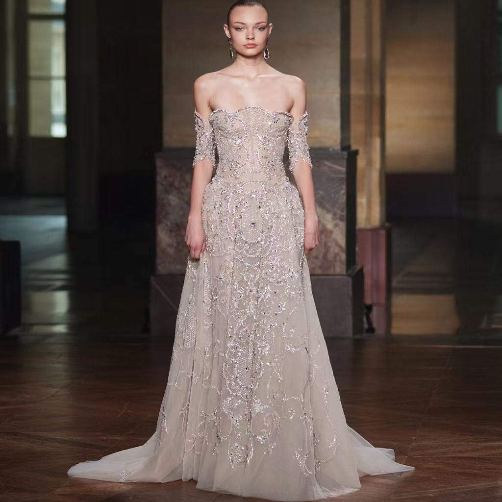 Georges Hobeika 高级感优雅烟灰色一字肩中袖奢华晚宴年会晚礼服