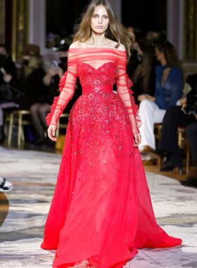 Zuhair Murad 红色一字肩长袖钉珠新娘结婚敬酒服订婚回门宴礼服