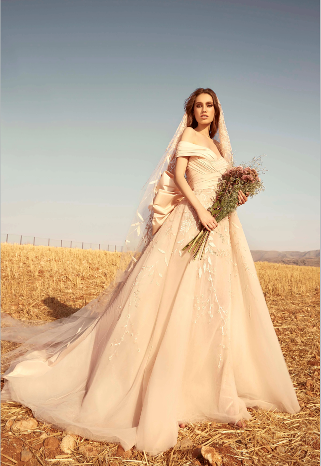 zuhair murad 香槟色一字肩手工珠绣复古定制新娘婚礼仙女婚纱