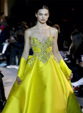 Zuhair Murad 金黄色缎面吊带模特走秀年会红毯舞会晚礼服迎宾服
