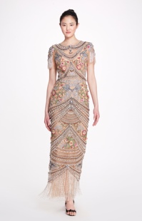 marchesa 生日宴会年会晚礼服敬酒服 宫廷奢华刺绣珠串流苏中长款