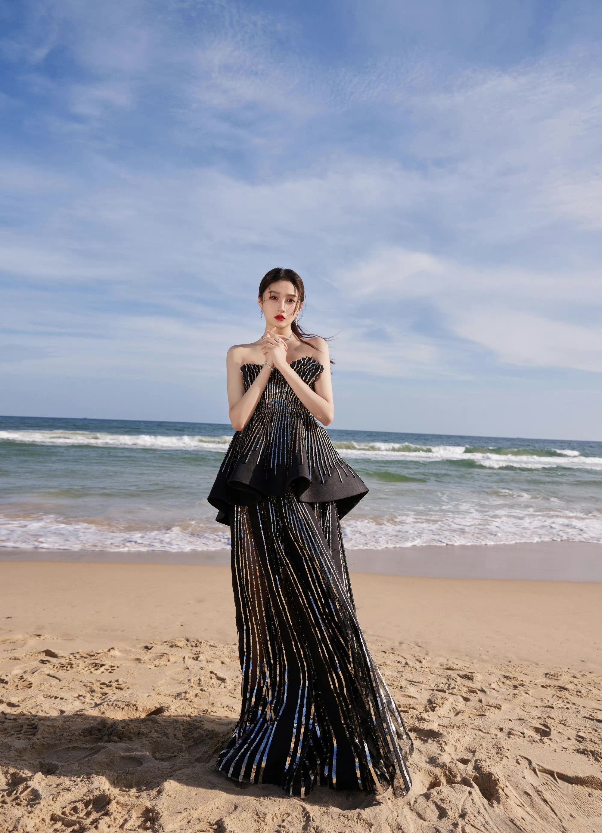 关晓彤黑色高腰孕妇抹胸遮肚子显瘦年会名媛红毯走秀晚礼服定制