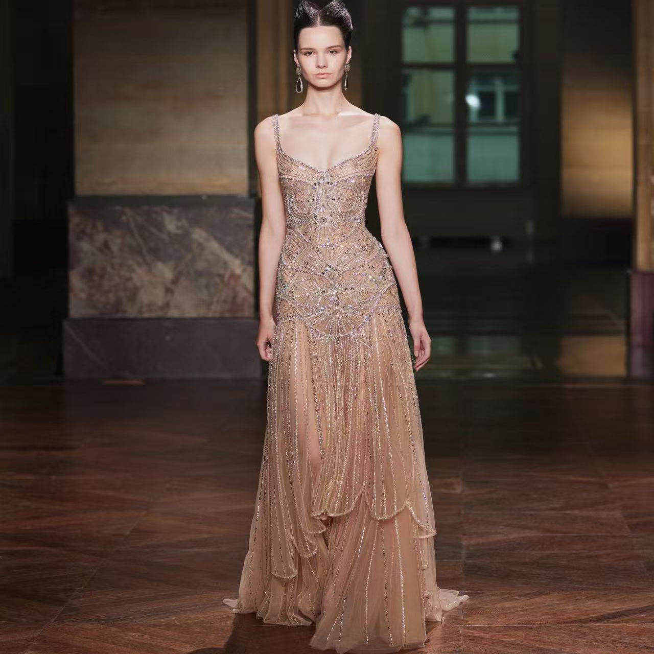 Georges Hobeika 香槟色吊带收腰显瘦生日聚会派对晚礼服敬酒服
