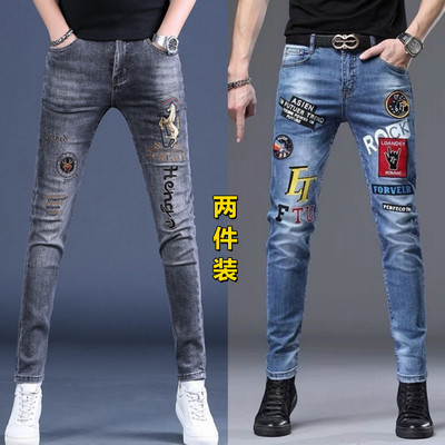 弹力印花图案牛仔裤男修身小脚裤