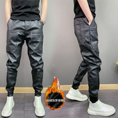 秋冬季 防风防水六兜纯色痞帅束脚休闲长裤 男士 潮流加绒加厚PU皮裤