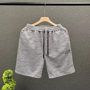 高端网红刺绣松紧腰大裤 夏季 条纹百搭痞帅短裤 时尚 衩男 潮牌五分裤