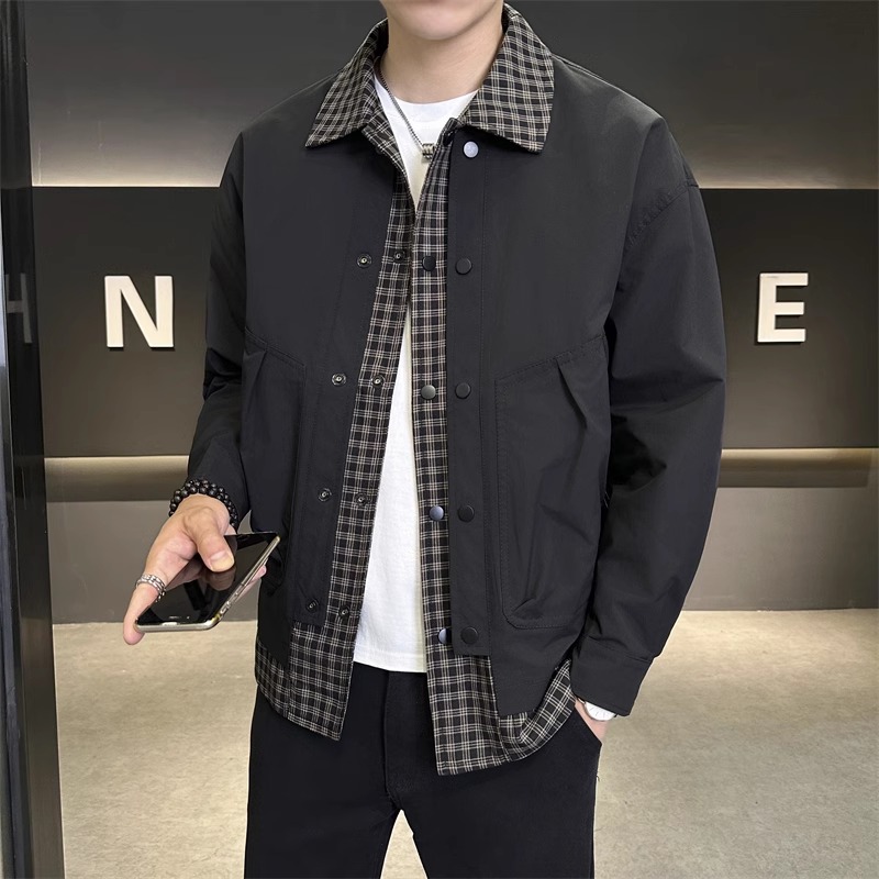 假两件格子外套男士翻领夹克