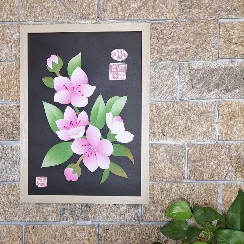 非遗a3/8k棉布贴画diy材料包【桃花】/需裁剪包边国风水墨花草