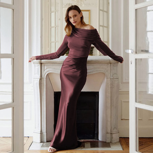 欧美森系御姐气质优雅礼服长裙 斜领长袖修身性感鱼尾连衣裙单件